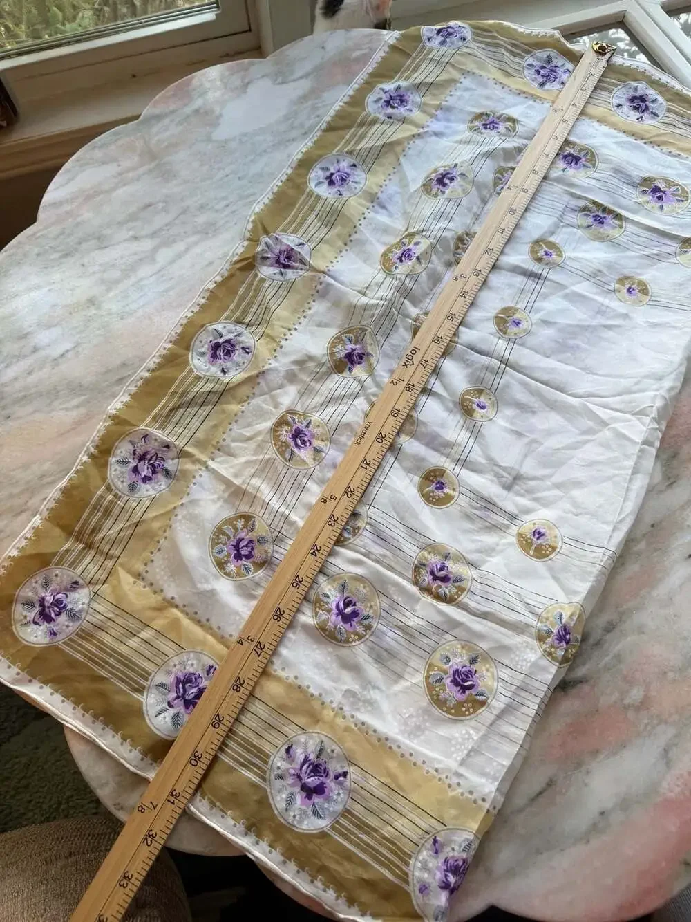 Vintage Floral Print Square Silk Scarf with Gold Border and Purple Roses
